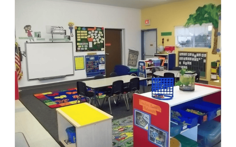 An empty classroom with small tables and chairs, a whiteboard, and educational posters