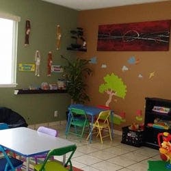 Playroom with small tables and chairs, wall decorations
