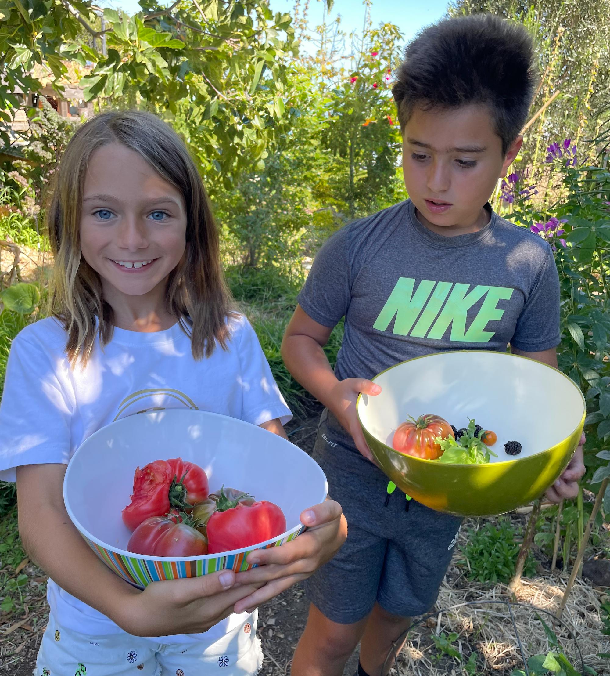 Two children holding bowls of freshly picked tomatoes and berries