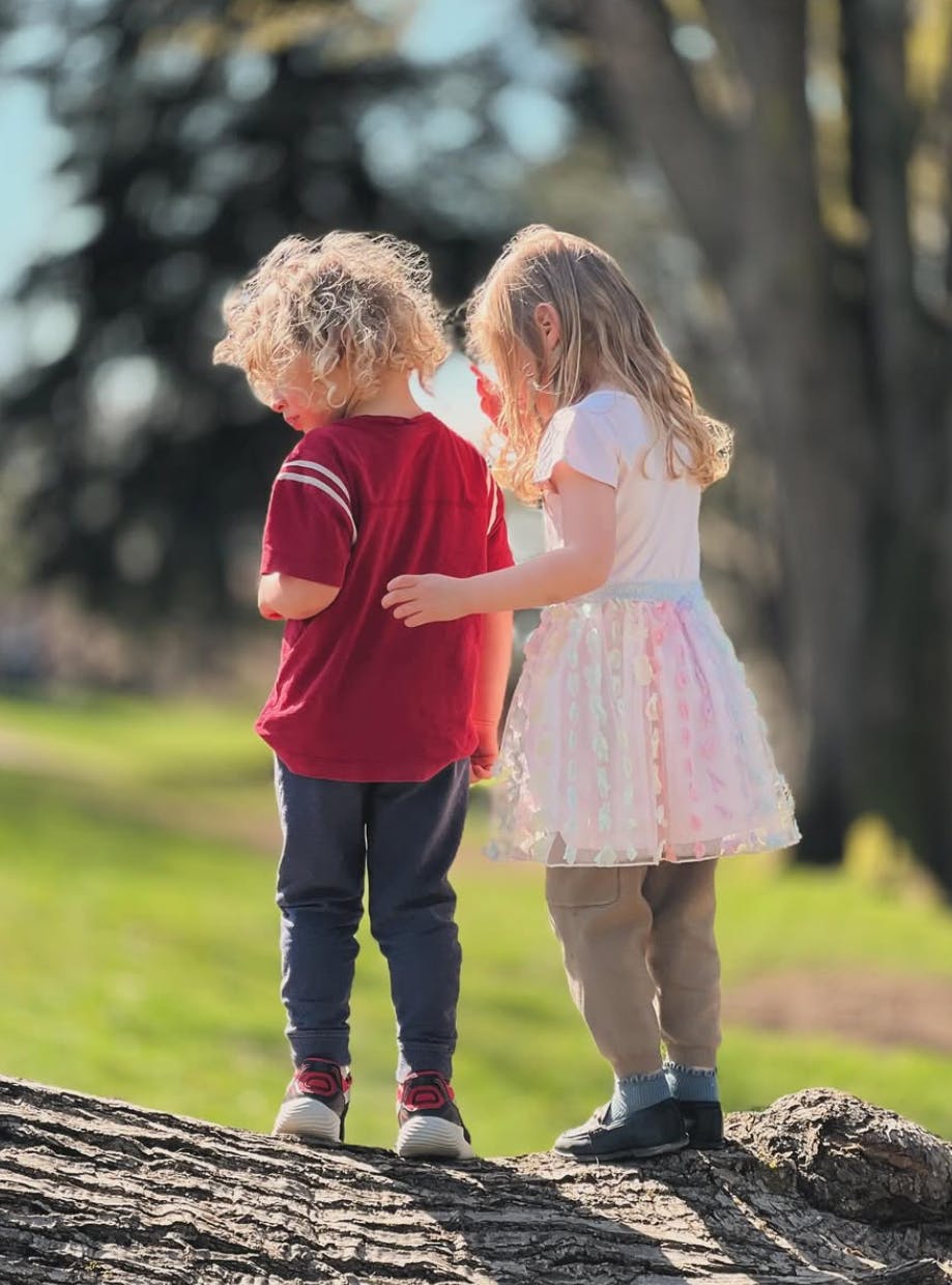Two children standing on a fallen tree log in a park