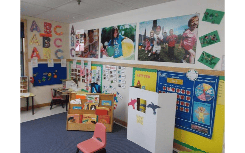 Classroom with child-themed decorations and learning aids