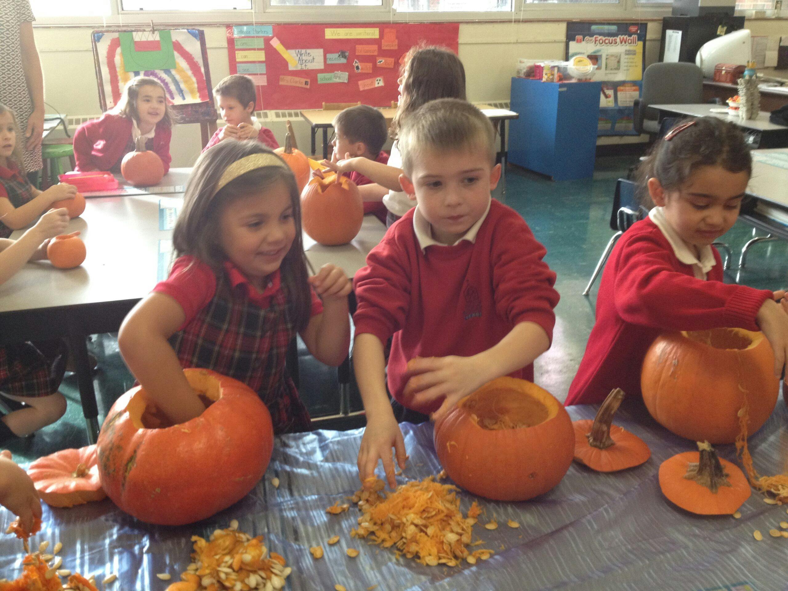 Children scooping out pumpkin guts in a classroom