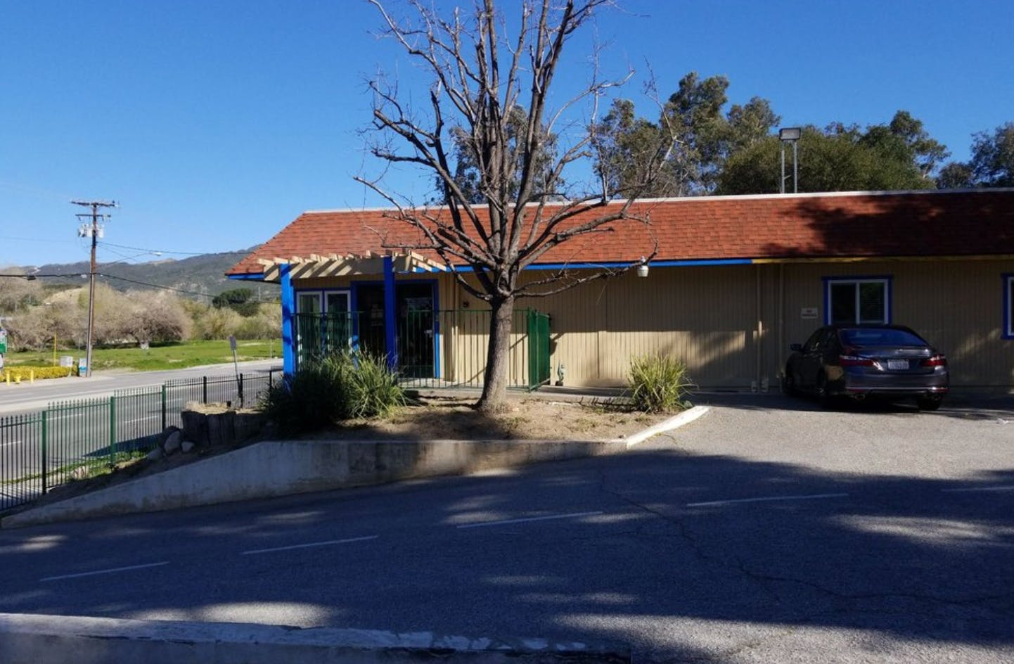 Building with a red roof and a bare tree in front