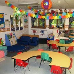 Classroom with tables, chairs, and colorful decorations