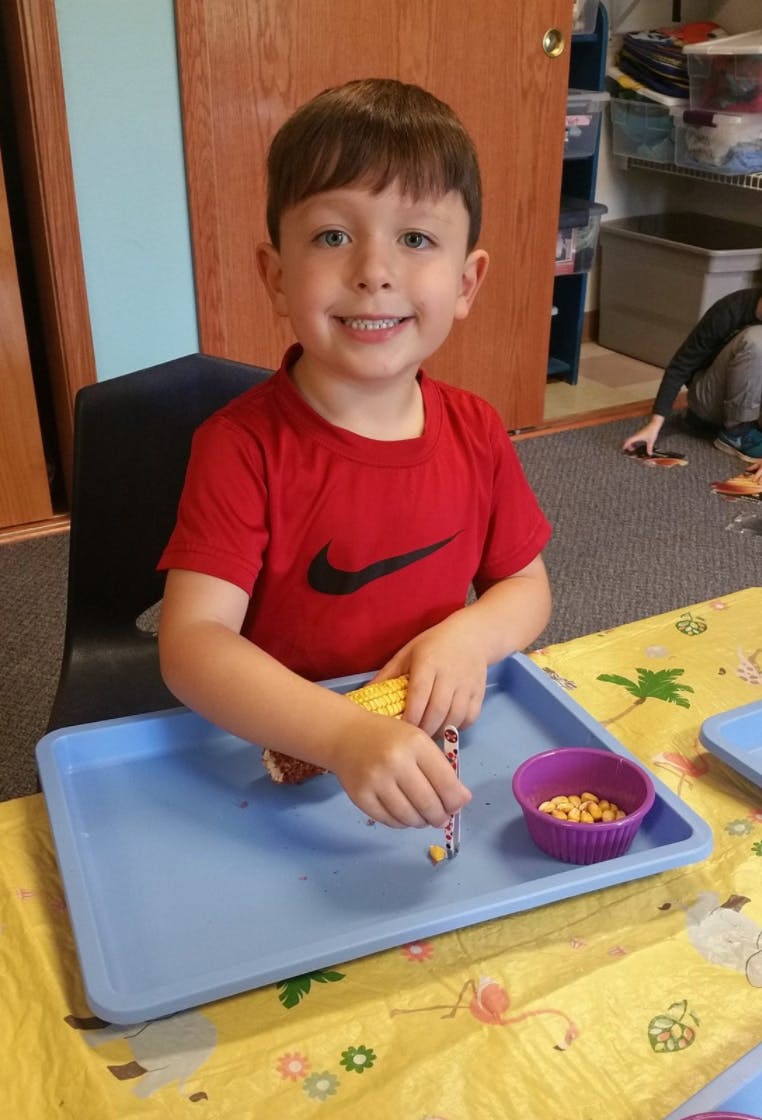 Child sitting at a table, holding an ear of corn on a tray