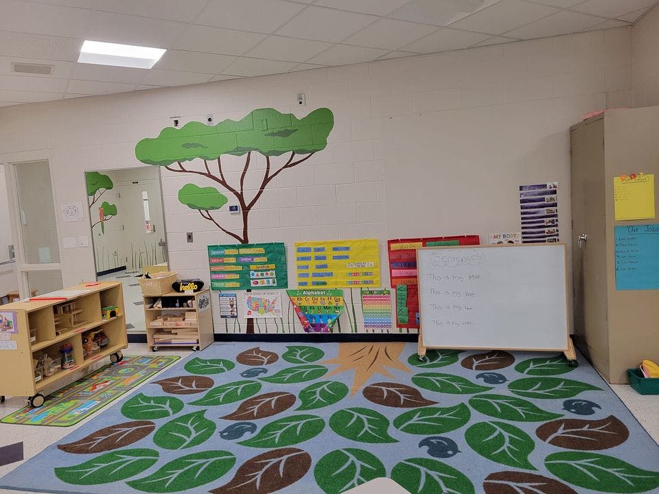 Classroom with a tree mural, whiteboard, and leaf-patterned rug