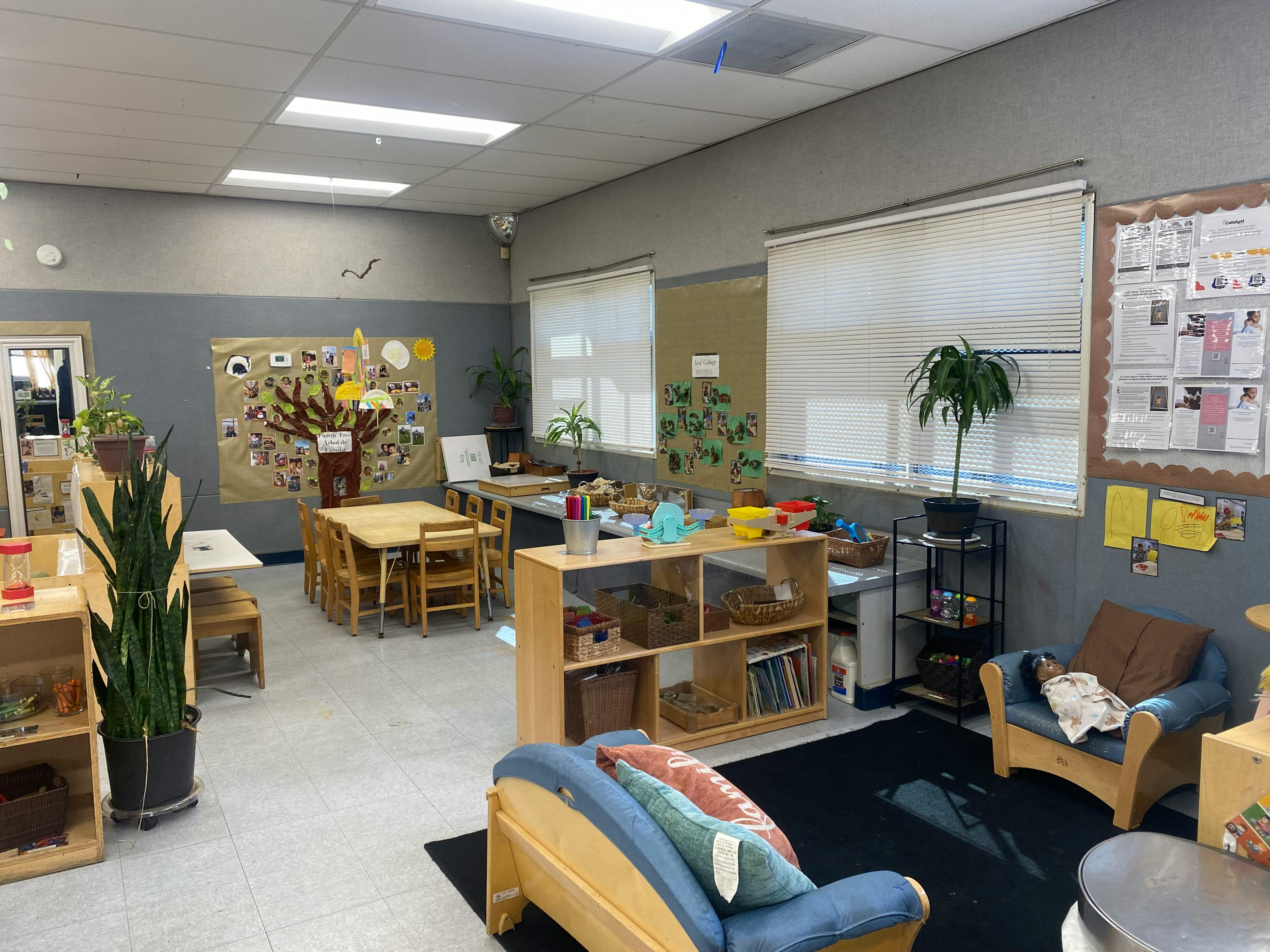 Classroom with small tables and chairs, shelves, and plants