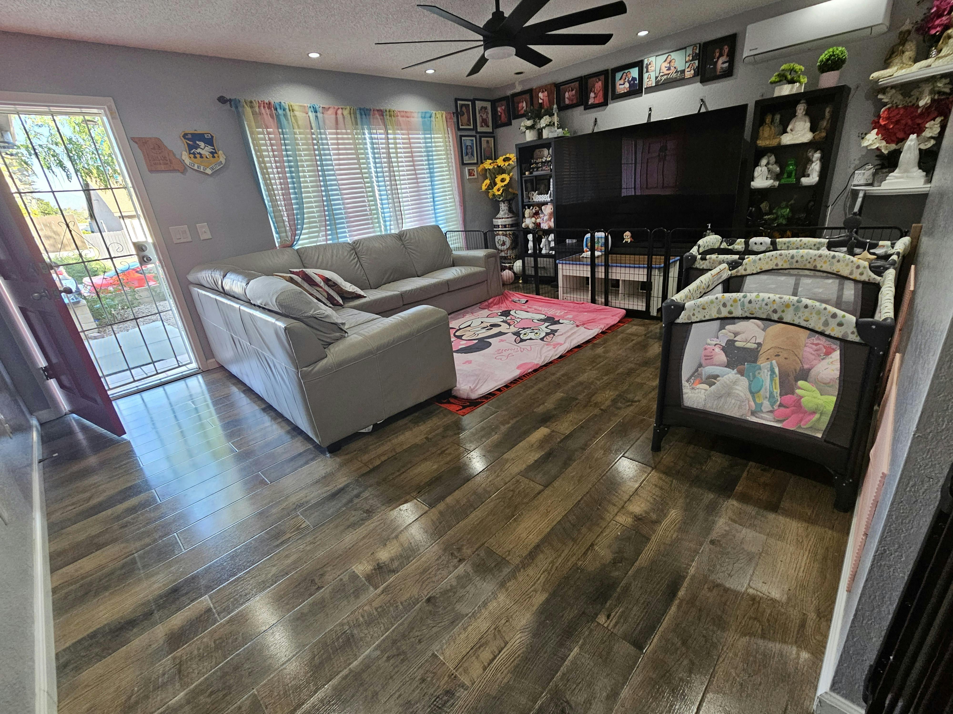 Living room with sofas, television, and a playpen