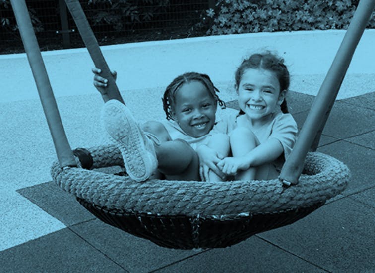 Two children sitting in a basket swing