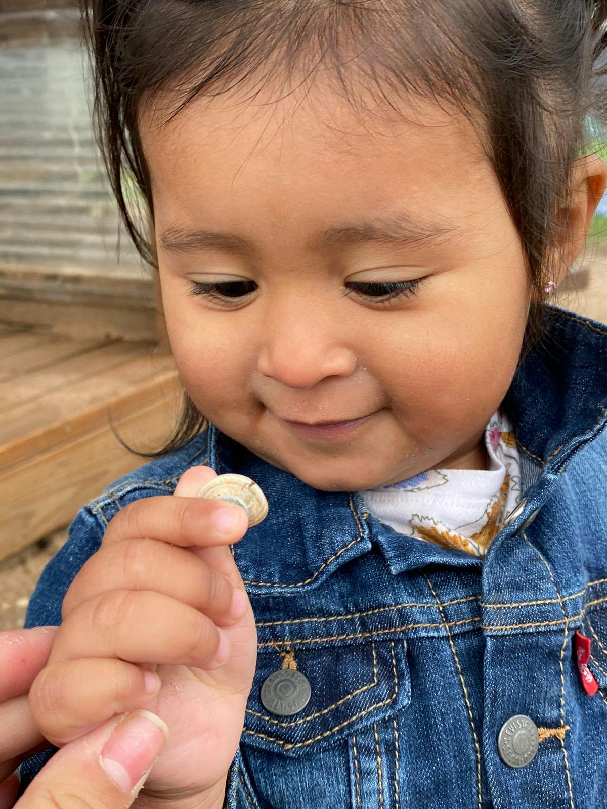 Child in a denim jacket holding a small shell