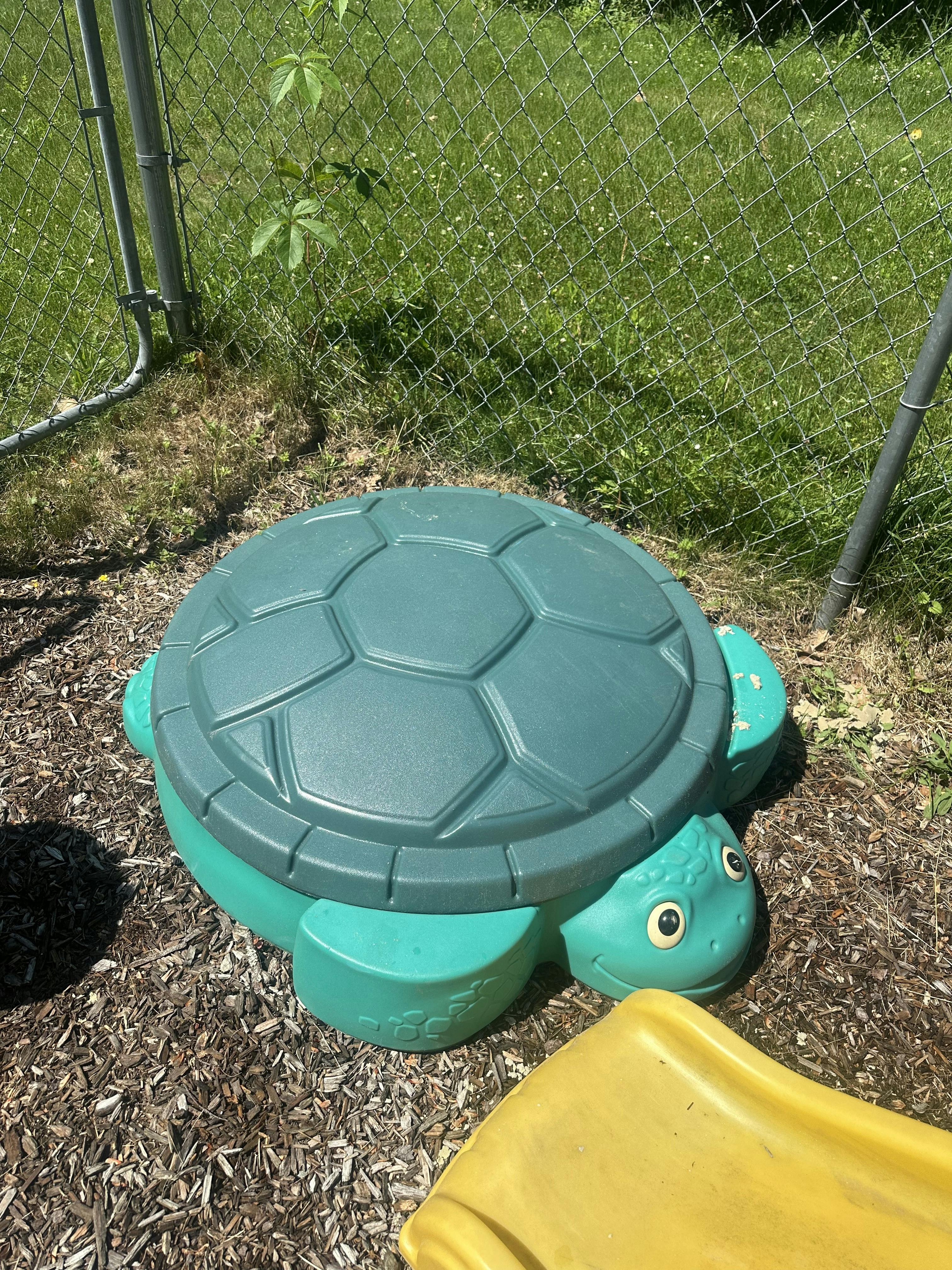 Plastic turtle sandbox on mulch next to a chain link fence