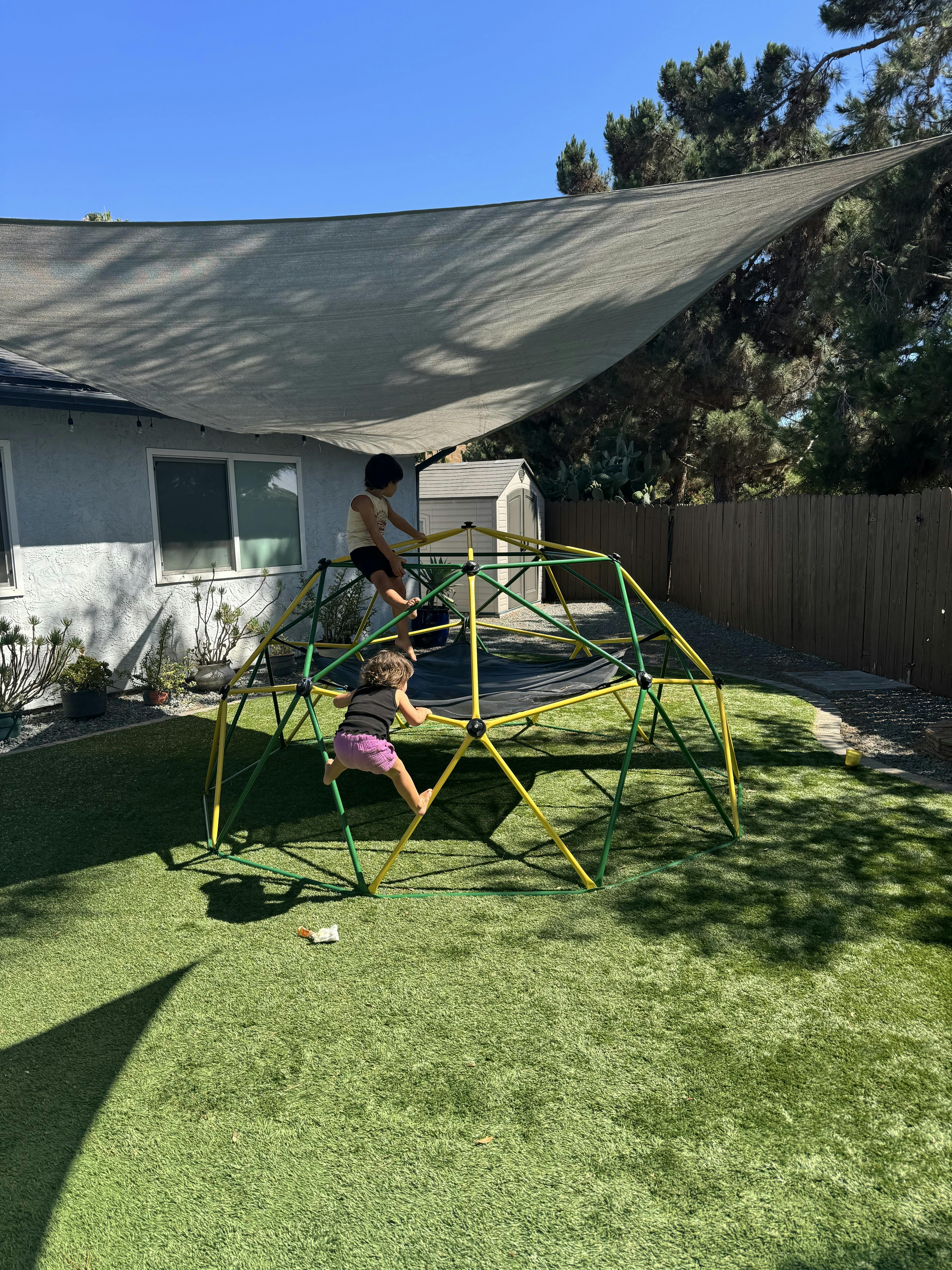 Two children climbing on a geometric dome climber in a yard