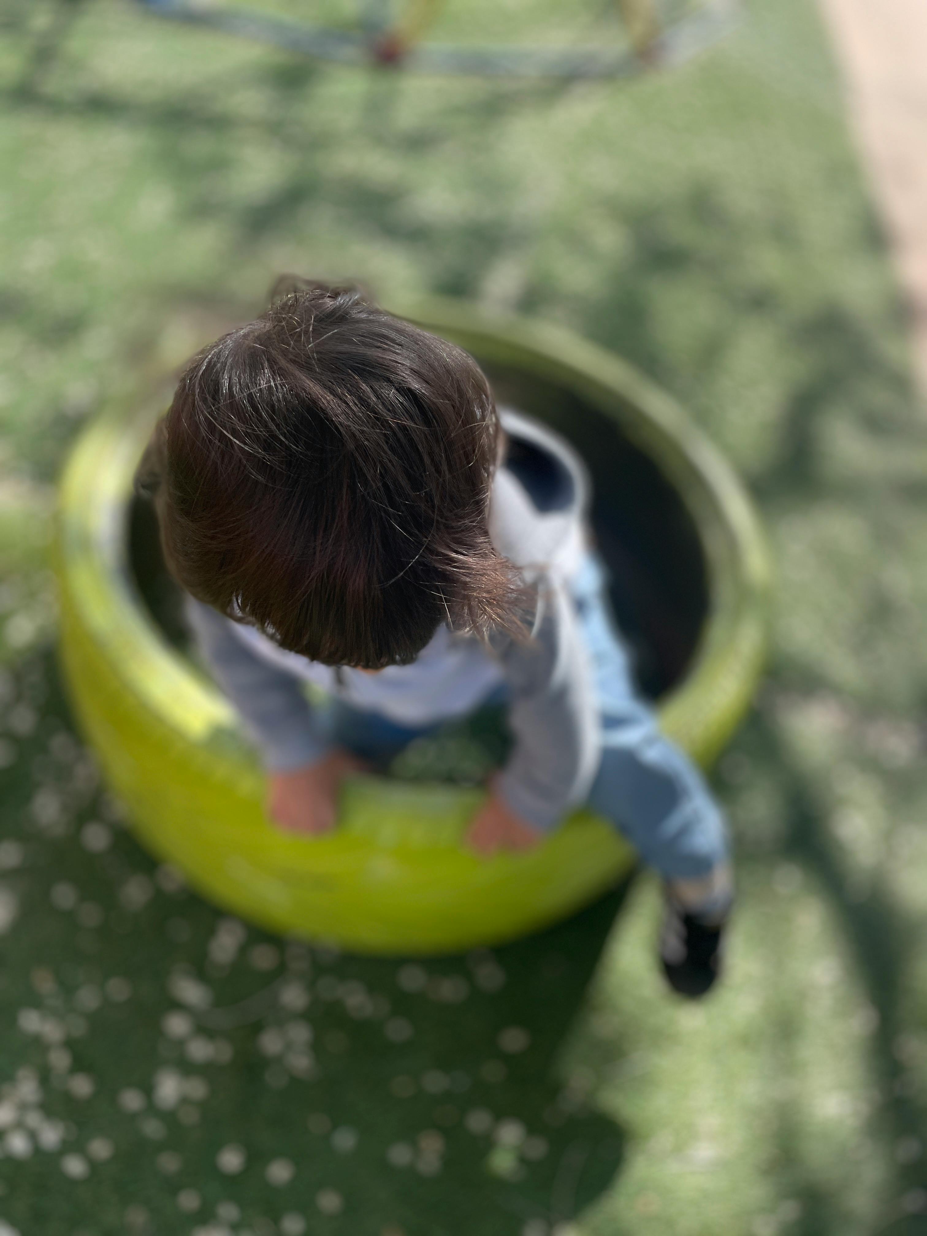 Child in a green tire swing