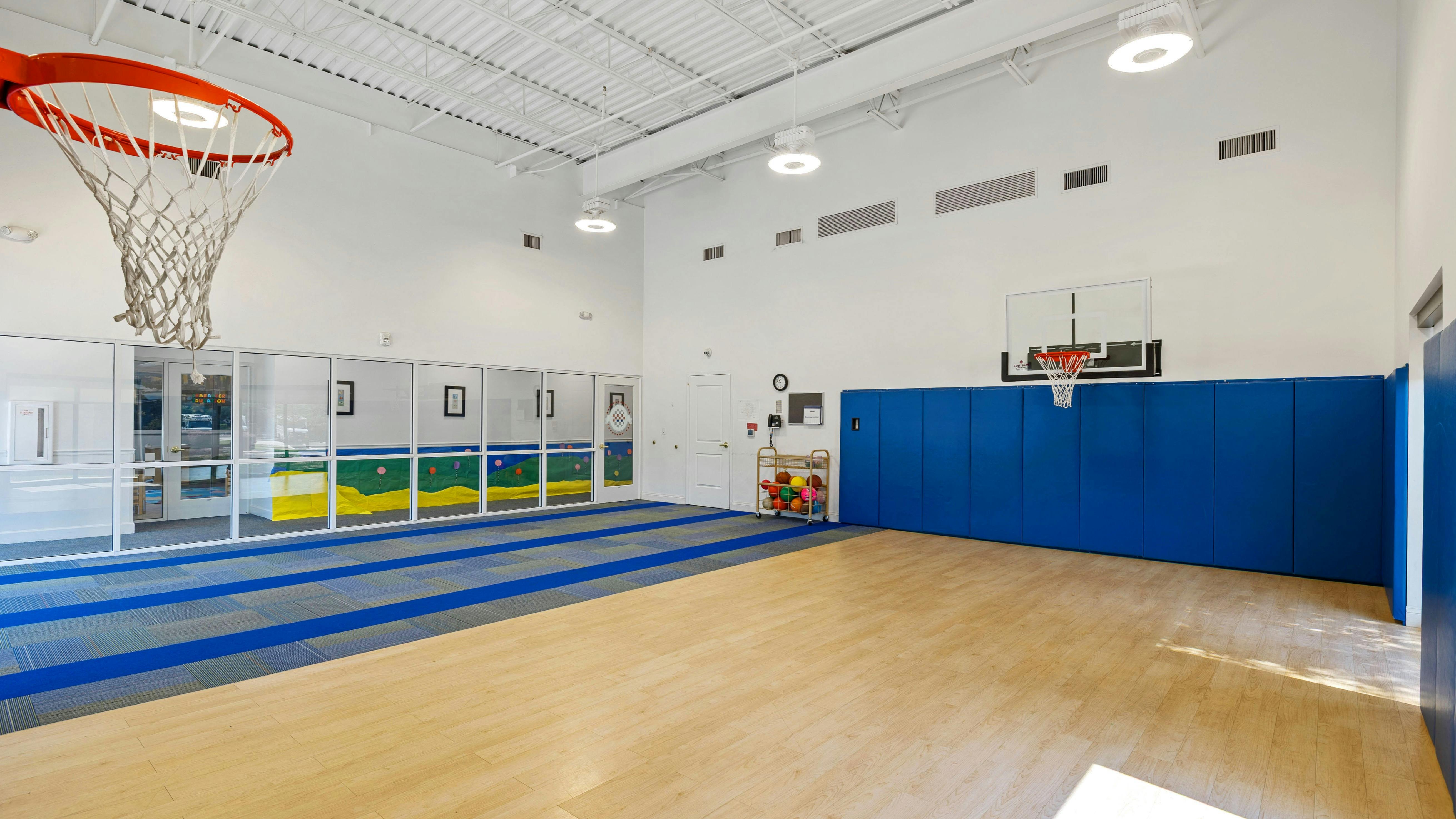 Indoor basketball court with two hoops, blue padded walls, and large windows