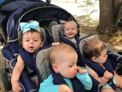 Four babies in a multi-seat stroller