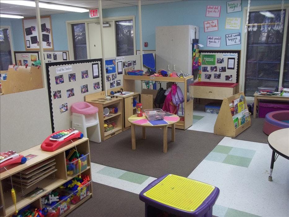 Classroom with various learning stations, toys, and furniture