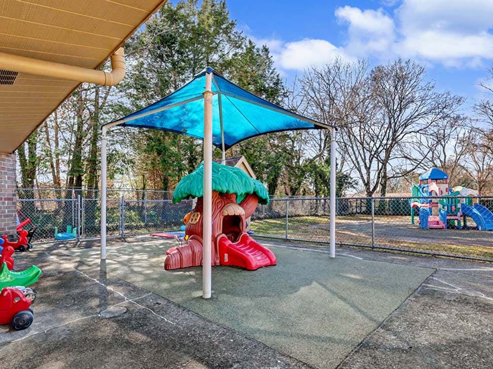 Playground with a treehouse slide under a blue canopy