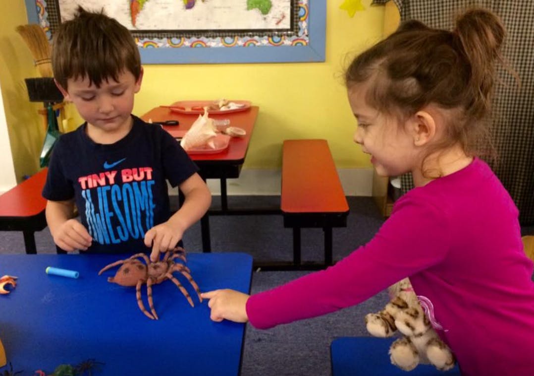 Two children playing with a toy spider on a blue table