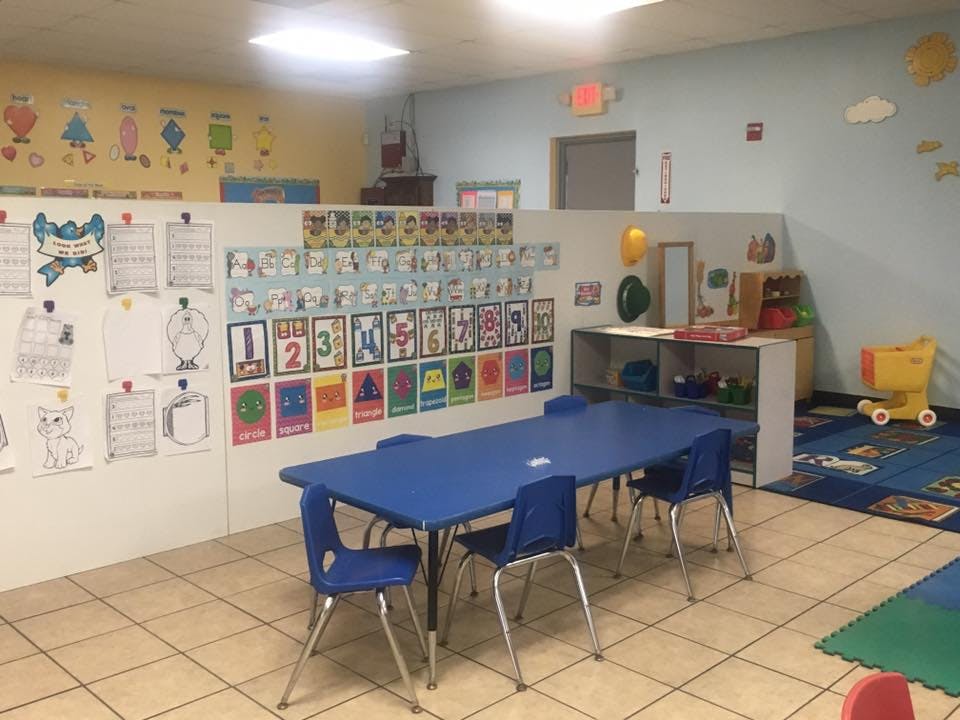 Classroom with a blue table and chairs, and colorful learning charts on the wall