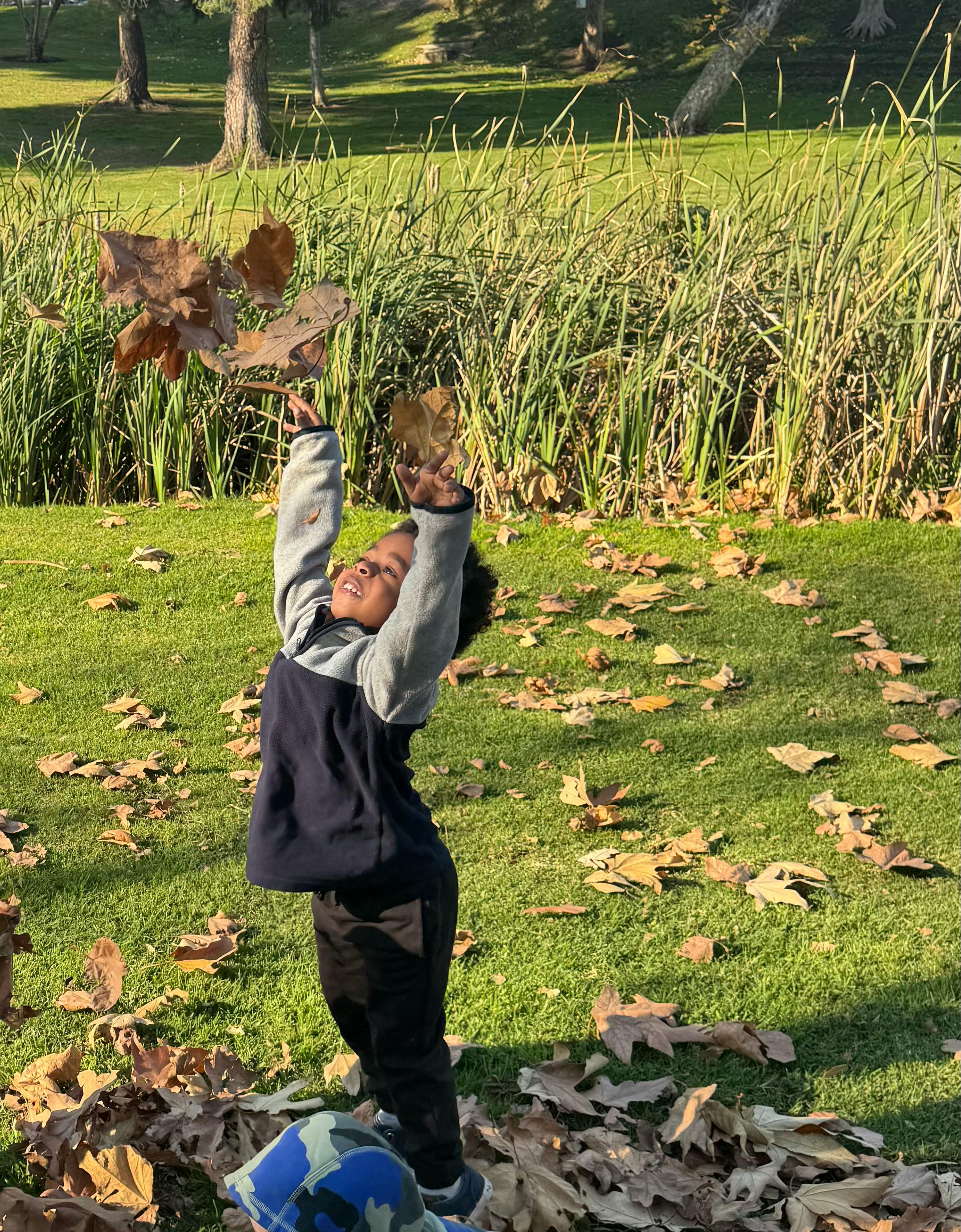Child throwing autumn leaves into the air