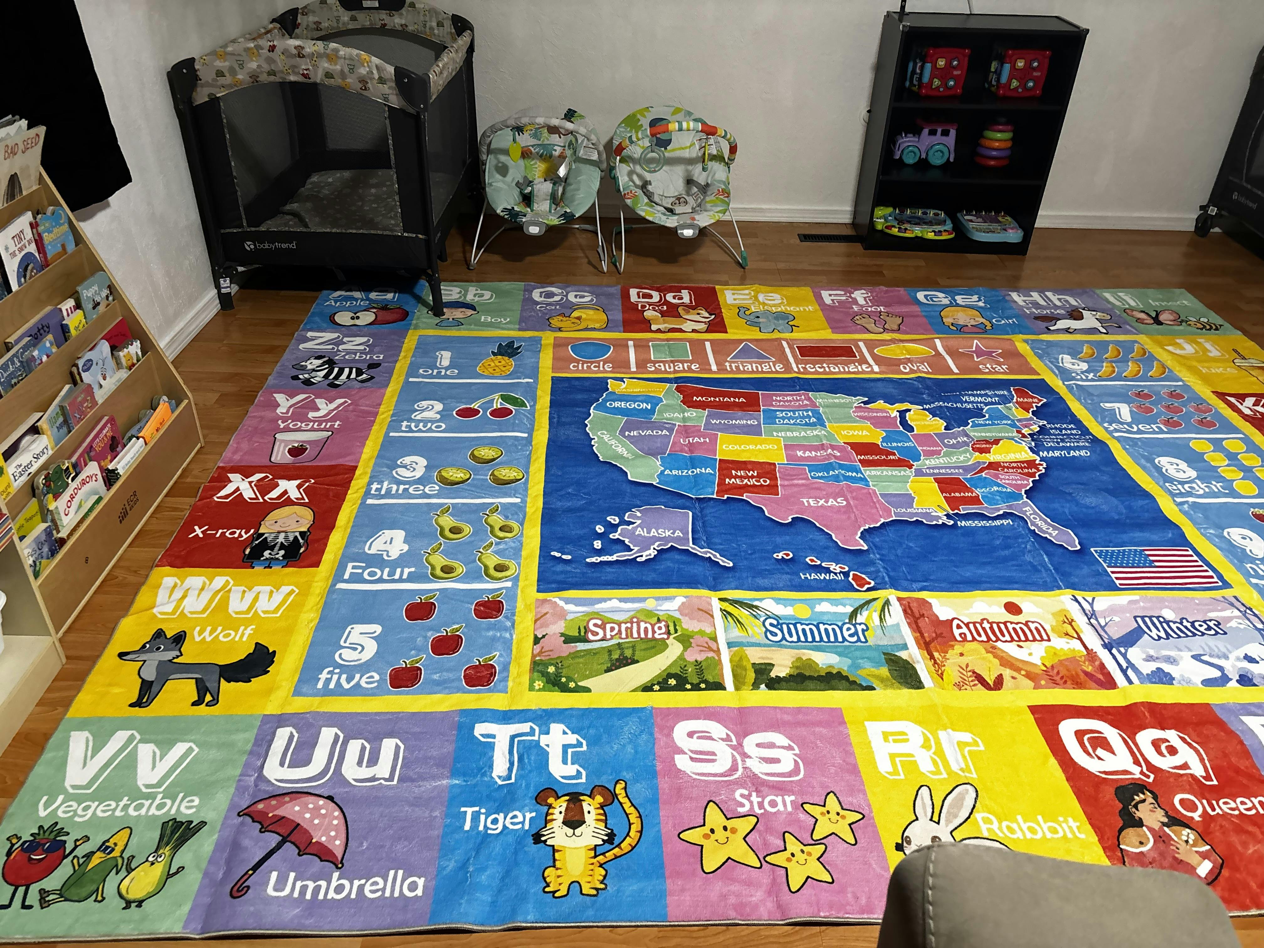 Baby playpen and two bouncers on a colorful alphabet rug in a room