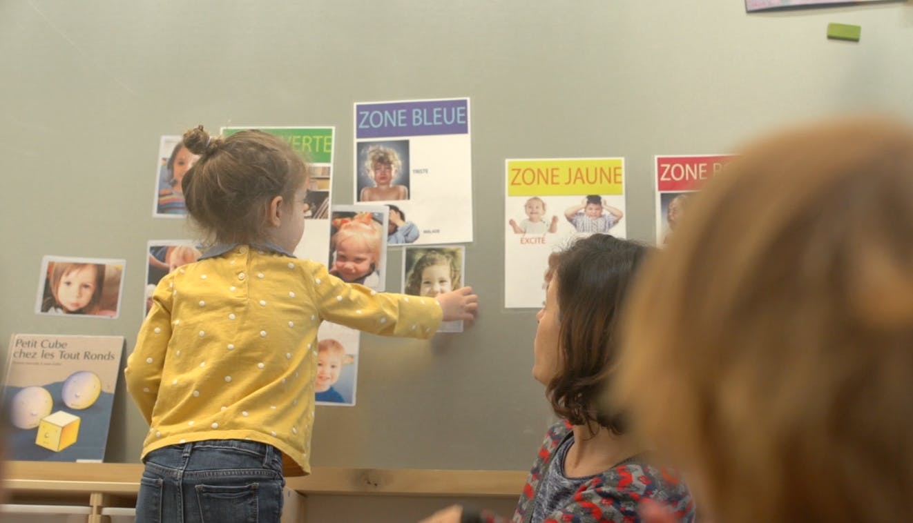 Child placing a photo on a wall display with other children watching
