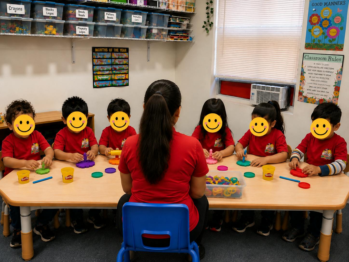 A person sitting at a table leading a group of children in a play activity