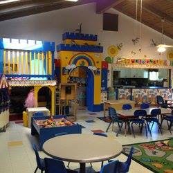 Indoor play area with castle-themed structures and tables