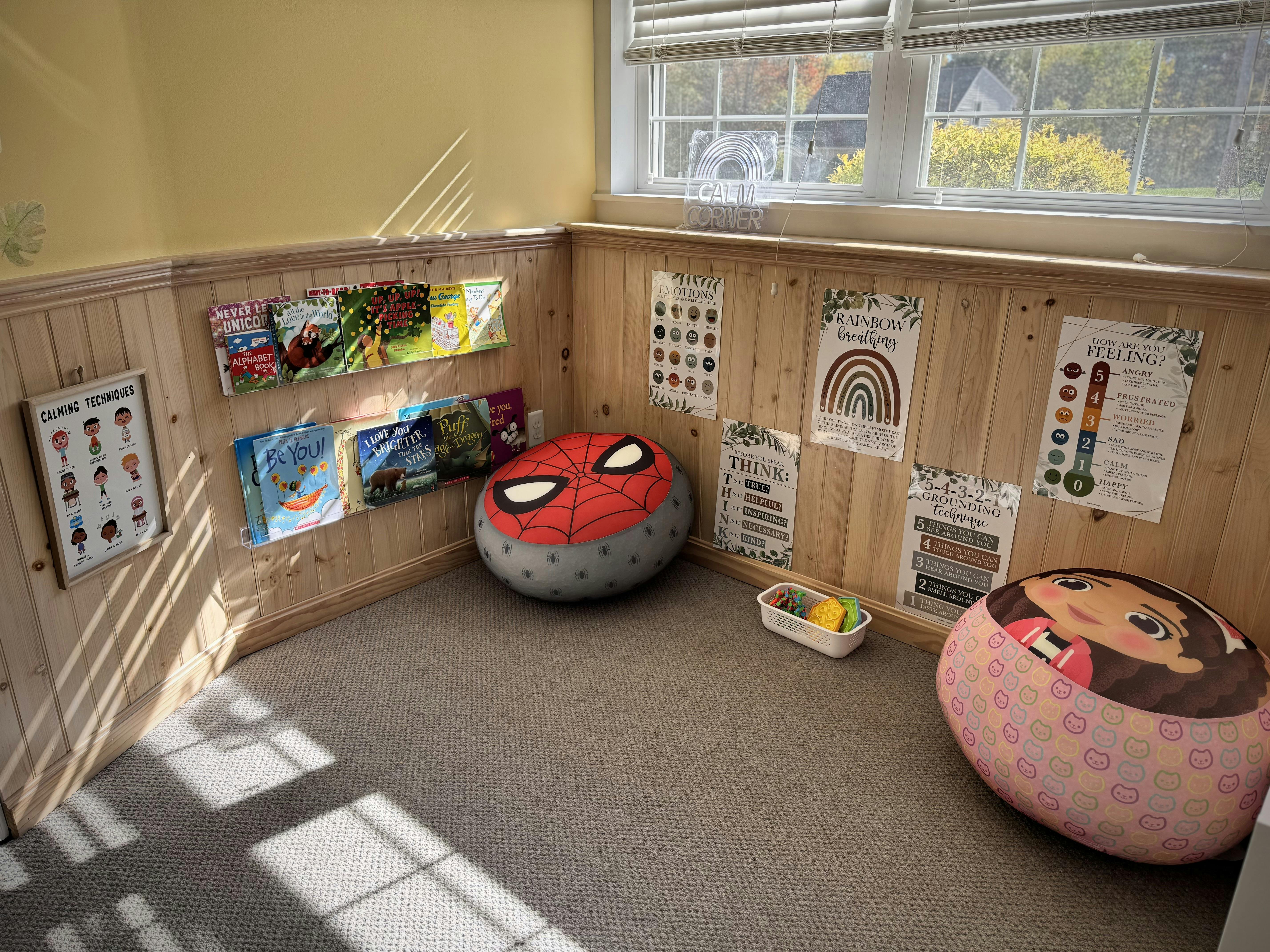 Corner of a room with books on shelves and two round floor cushions