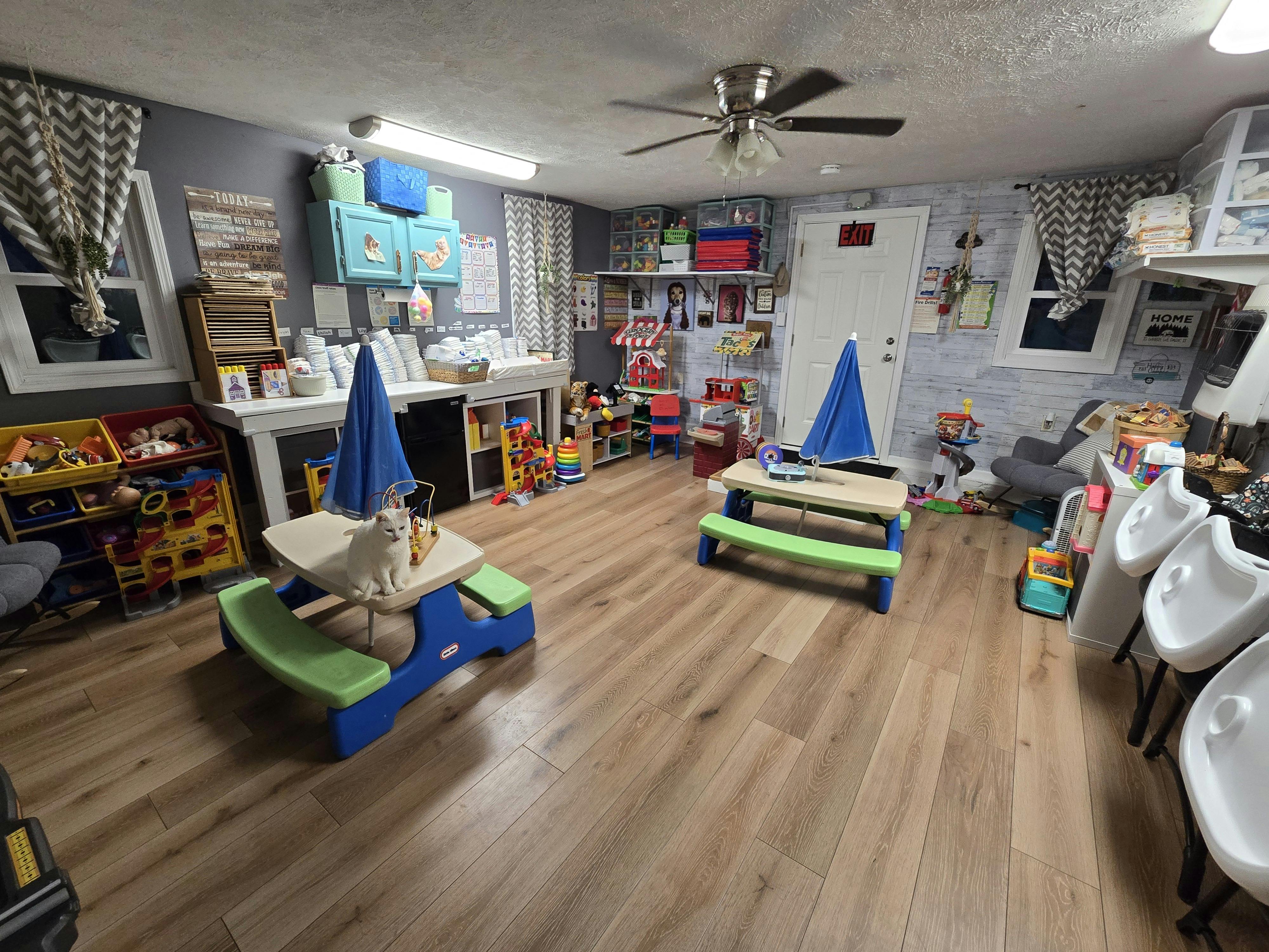Playroom with two picnic tables and a white cat on one table