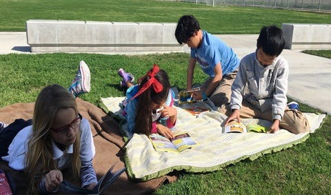 Four children reading books on blankets on grass