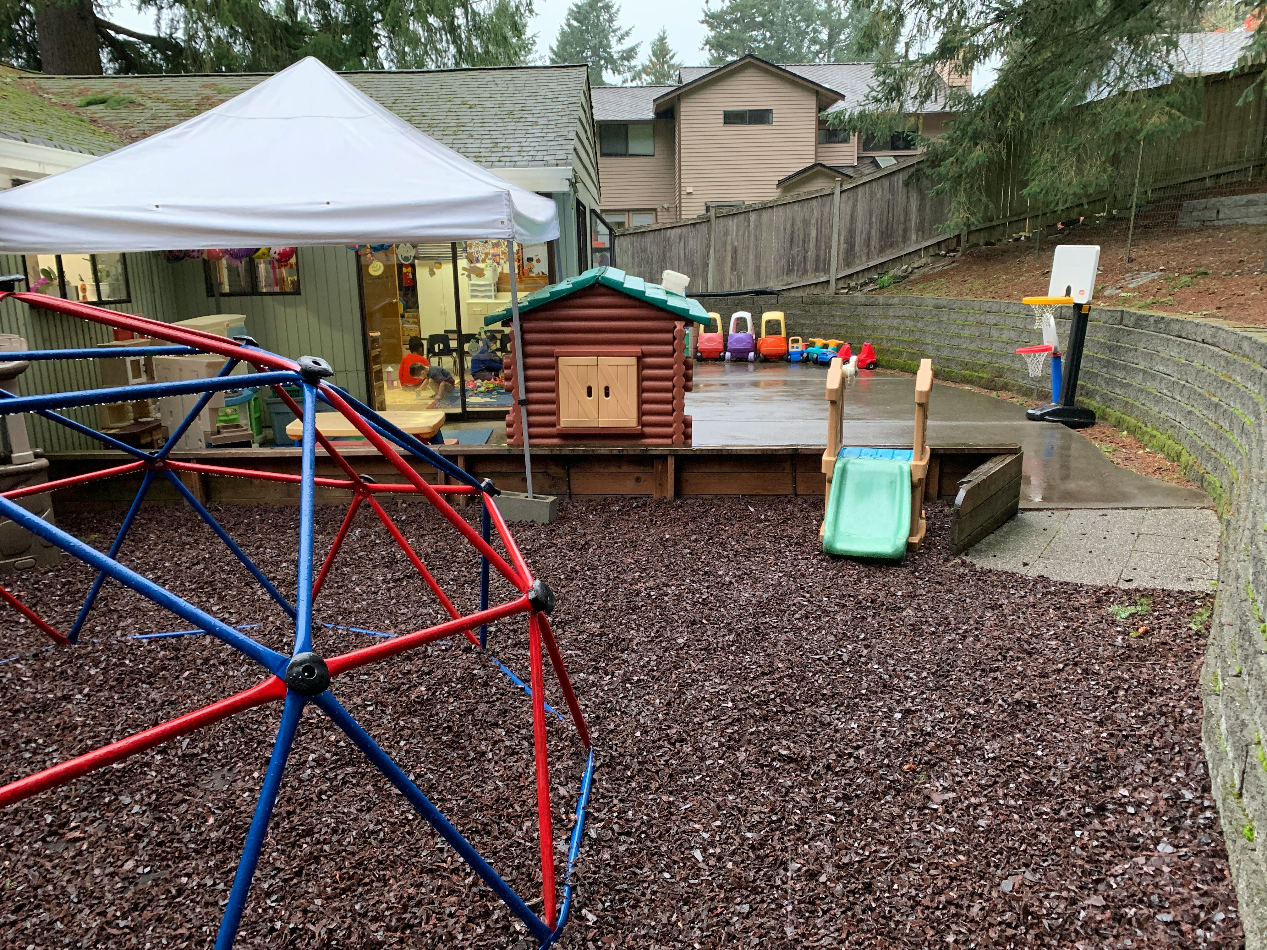 Outdoor play area with climbing dome, playhouse, and slide