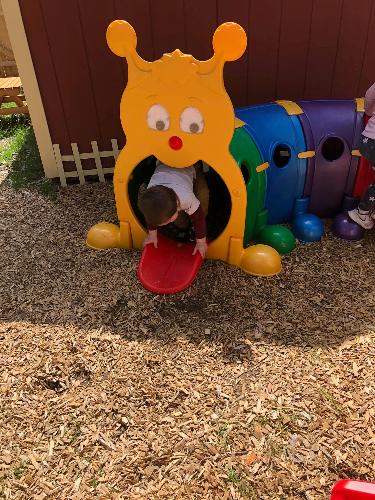 Child crawling out of a caterpillar play tunnel on a playground