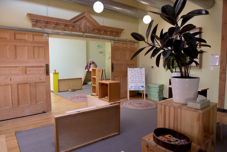 Room with wooden sliding doors, furniture, and a potted plant