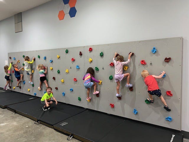 Group of children climbing on an indoor rock wall