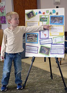 Child pointing at a display board