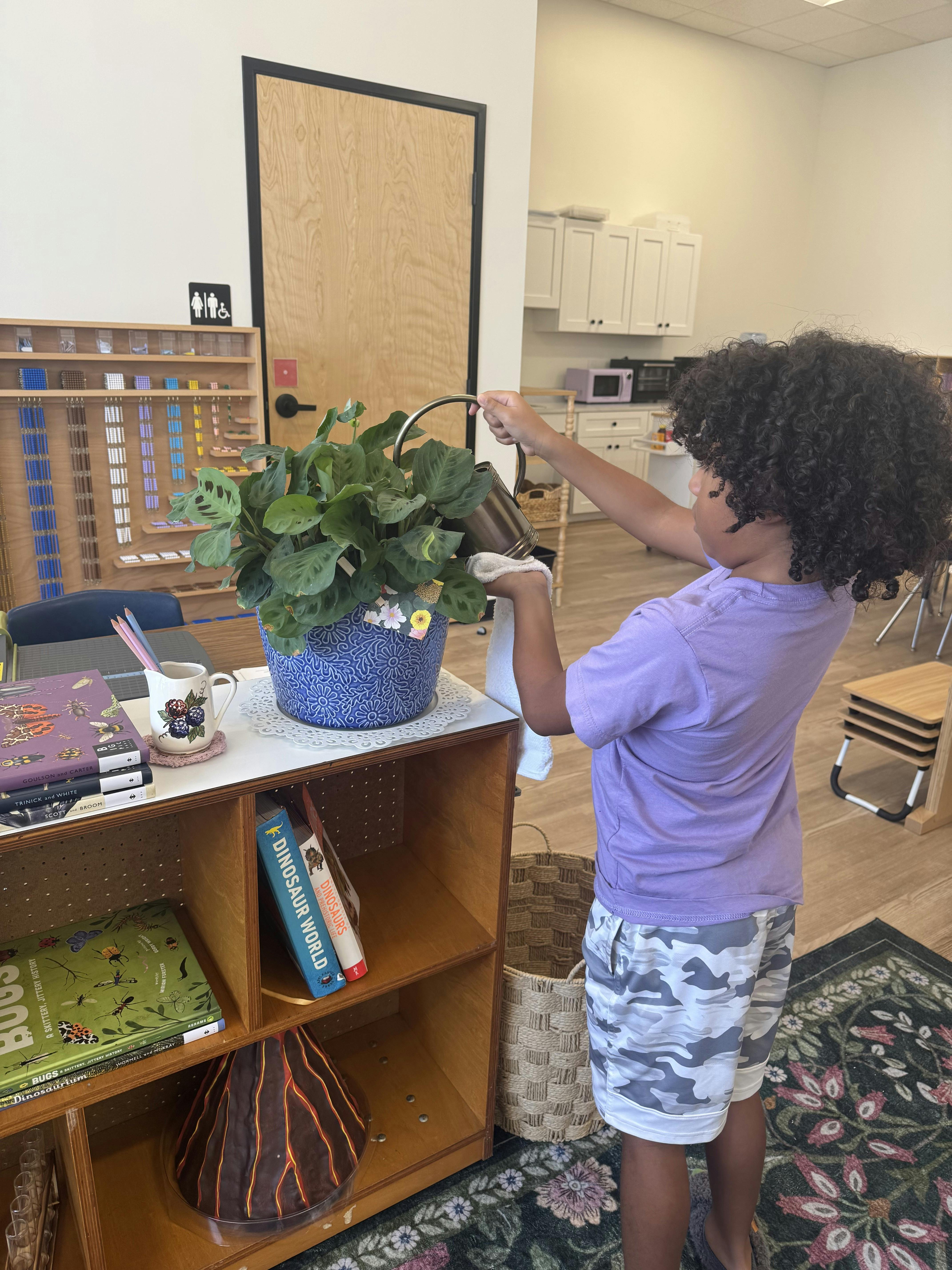 Child watering a potted plant in a classroom