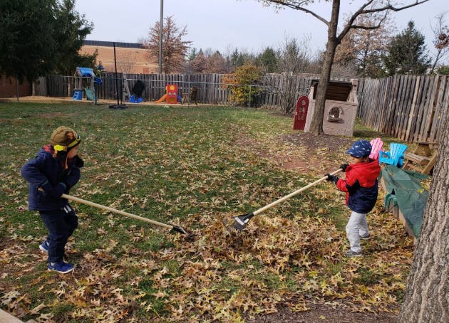 Two children raking leaves in a yard