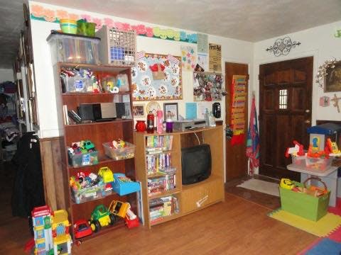 Room with shelves full of toys and books, a television, and a wooden door