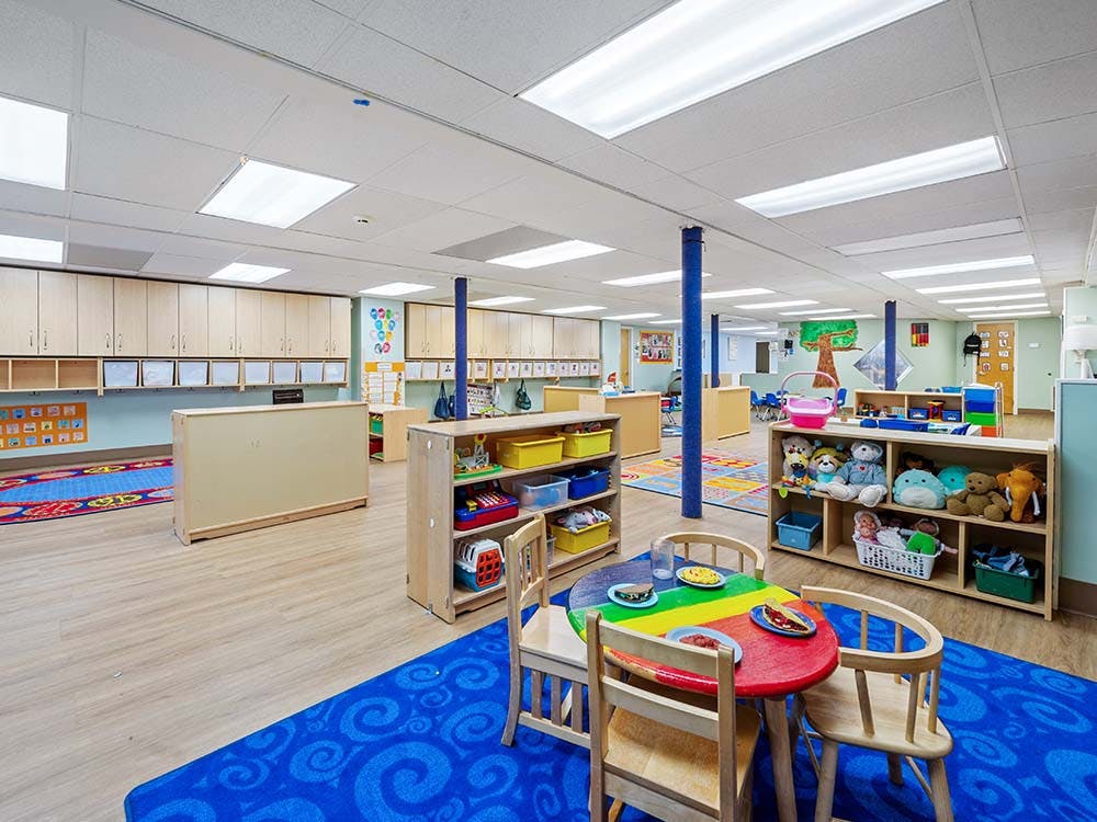 Colorful daycare classroom with child-sized furniture and toys