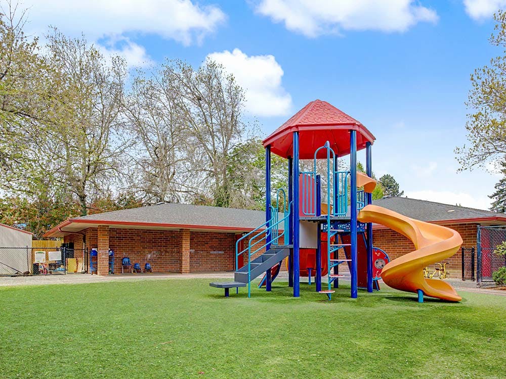 Colorful playground structure with a red roof and yellow slide on green artificial turf