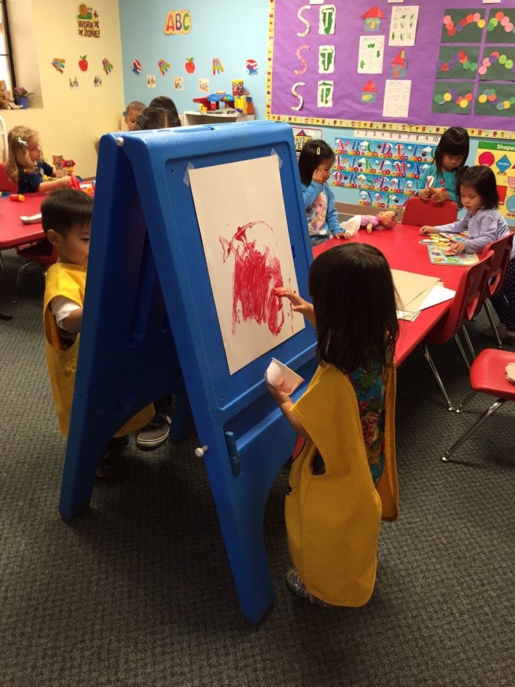 Child painting on an easel in a classroom