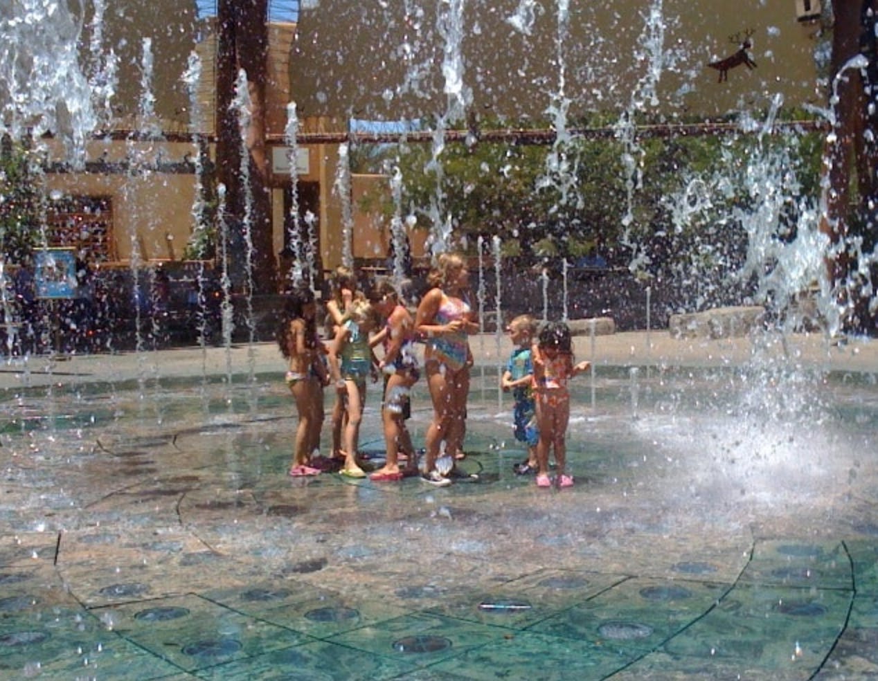Children playing in a water fountain
