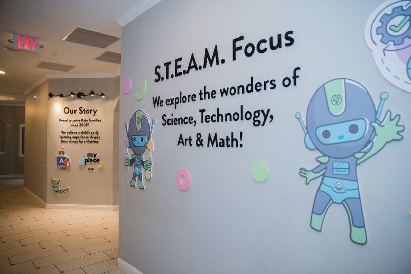 Wall with "S.T.E.A.M. Focus" text and robot illustrations
