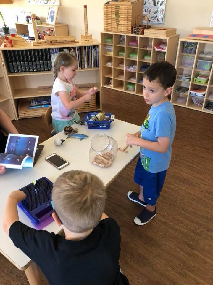 Children playing with items at a table in a classroom