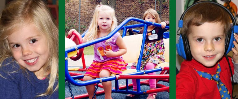 Three children, one smiling, two on playground equipment, one wearing headphones