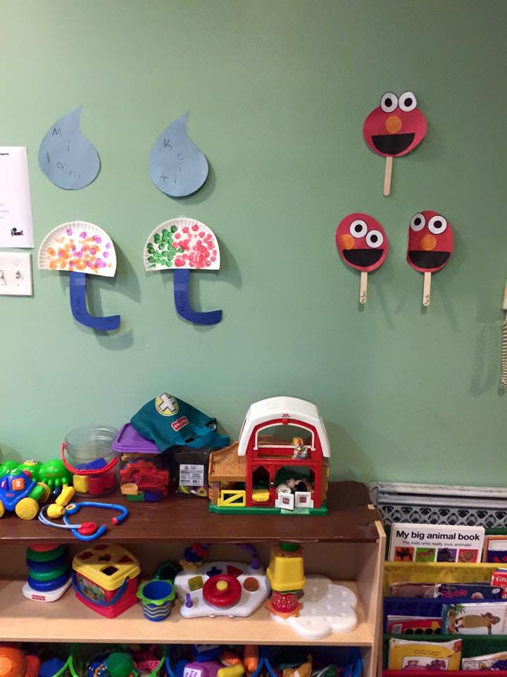 Children's artwork and toys in a classroom