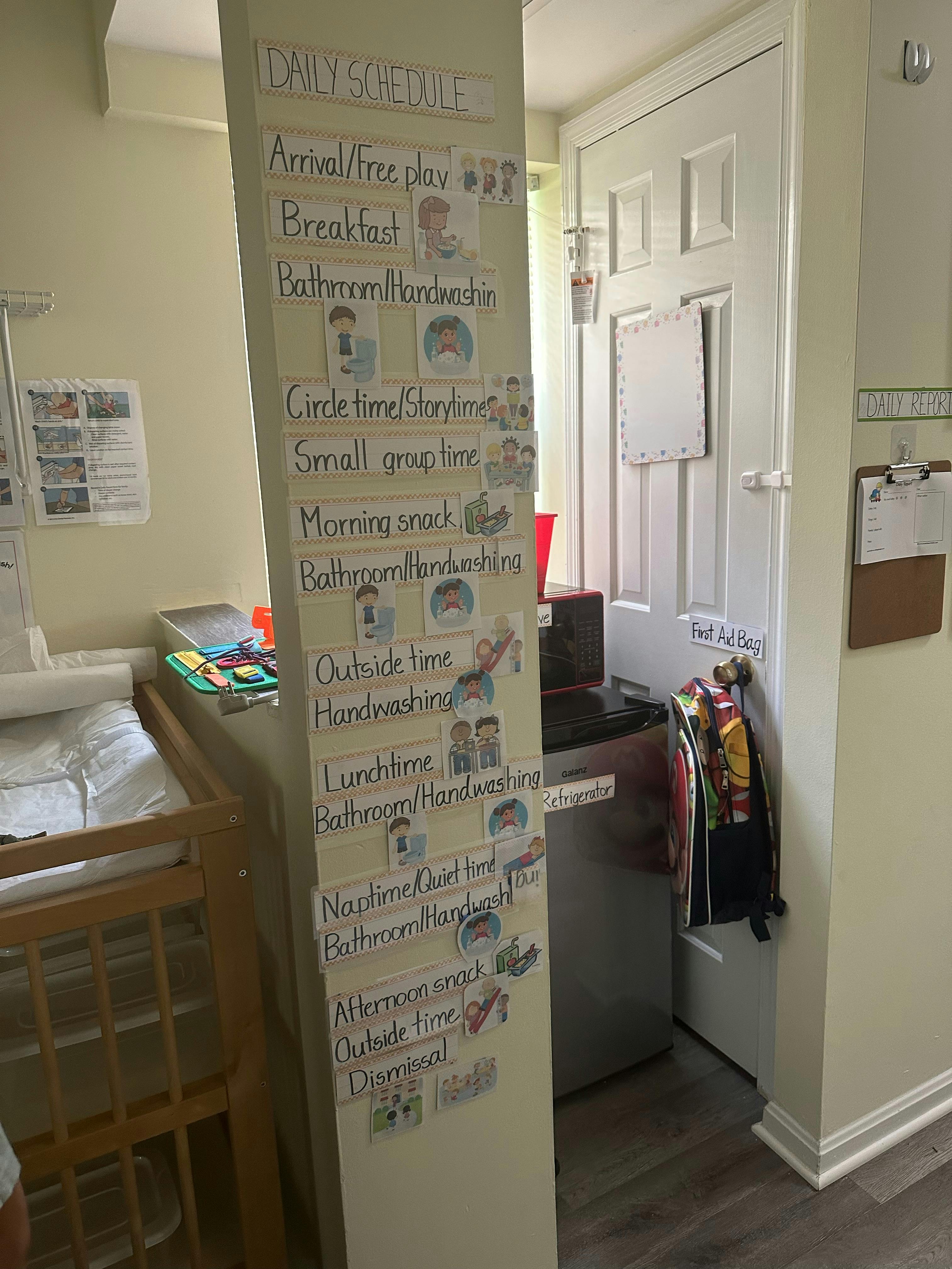 Daily schedule with activities and illustrations in a room with a crib and door