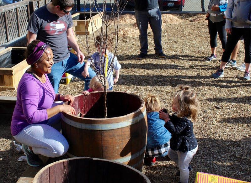 People and children planting a tree in a large wooden barrel