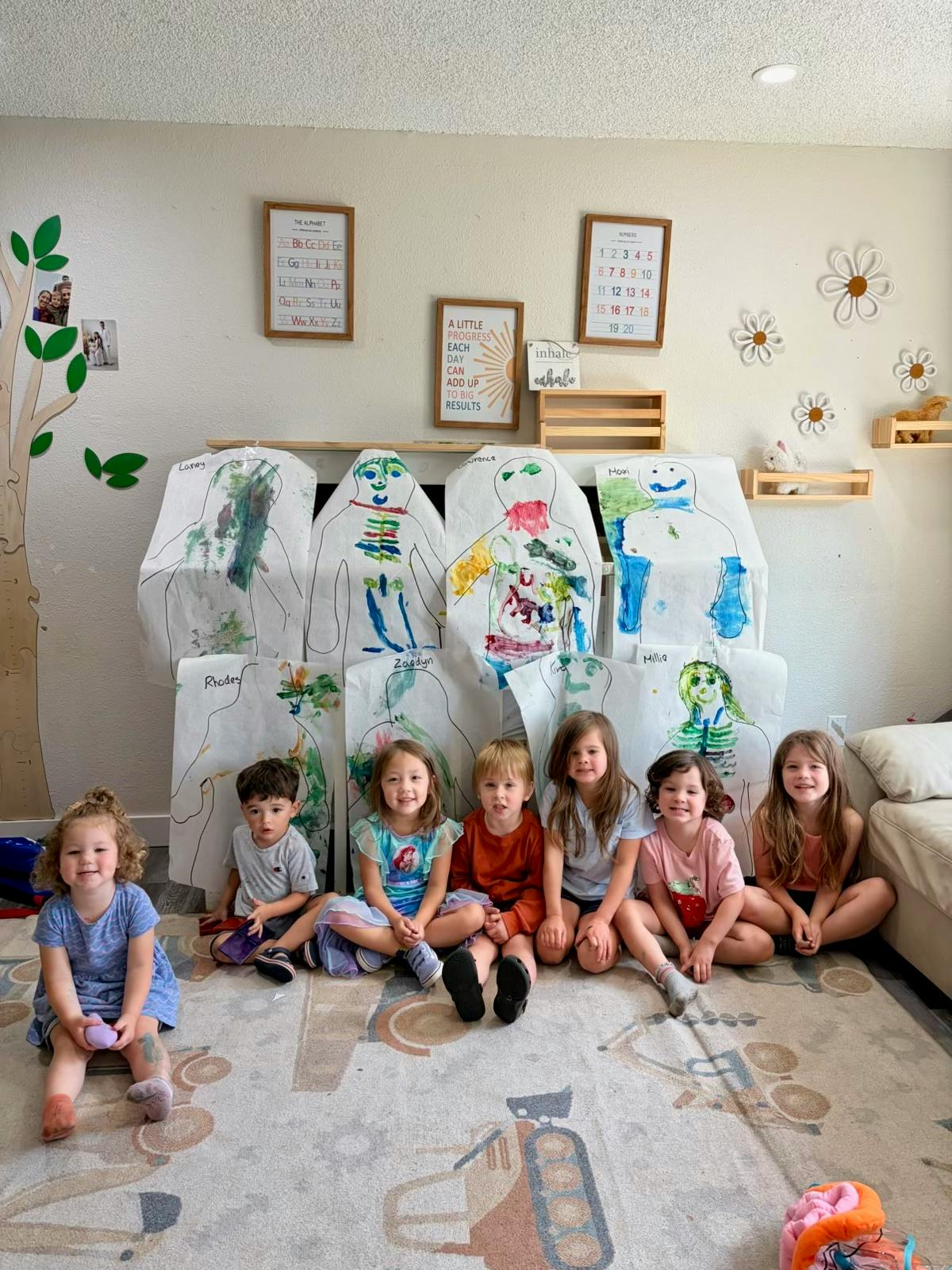 Children sitting on the floor in front of large paper drawings of body outlines